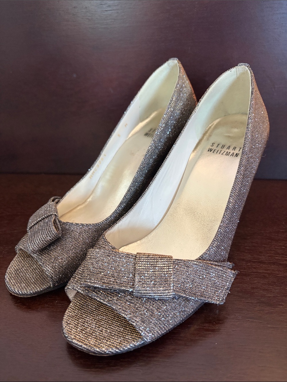 Stuart Weitzman Glittering Silver Peep-Toe Heels Sz 5